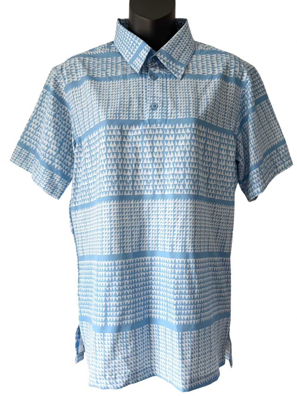 Manaola Half Button Polo Short Sleeve Shirt Mens XS Blue White Tribal Hawaiian